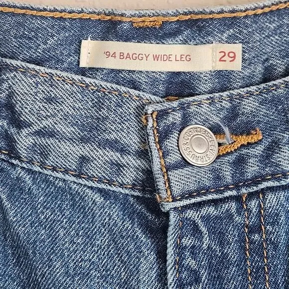Levi's Blue '94 Baggy Wide Leg Jeans Raw‎ Distressed Hem Size 29 - Picture 7 of 13